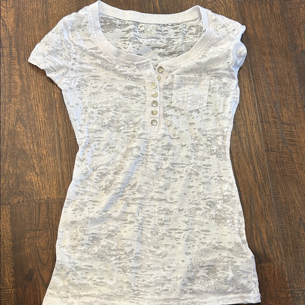 Guess White Short-Sleeve Burnout Henley with Pocket